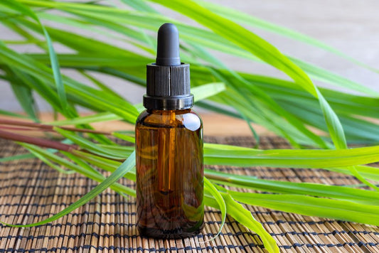 Lemongrass essential oil in an amber bottle with dropper lid with lemongrass leaves on a raffia mat